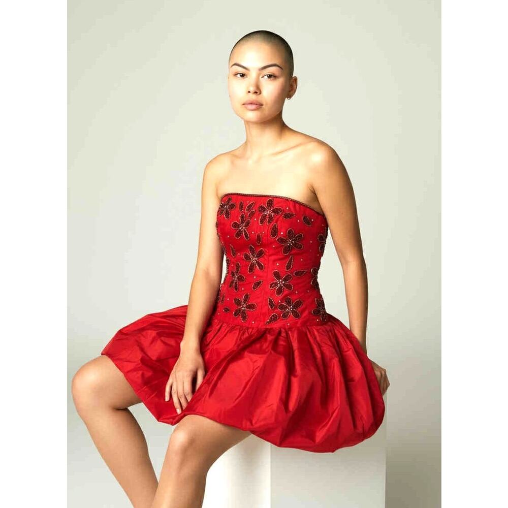 Vintage 1980s Red Beaded Strapless Party Dress – Bubble Hem Prom Mini Size XS/S